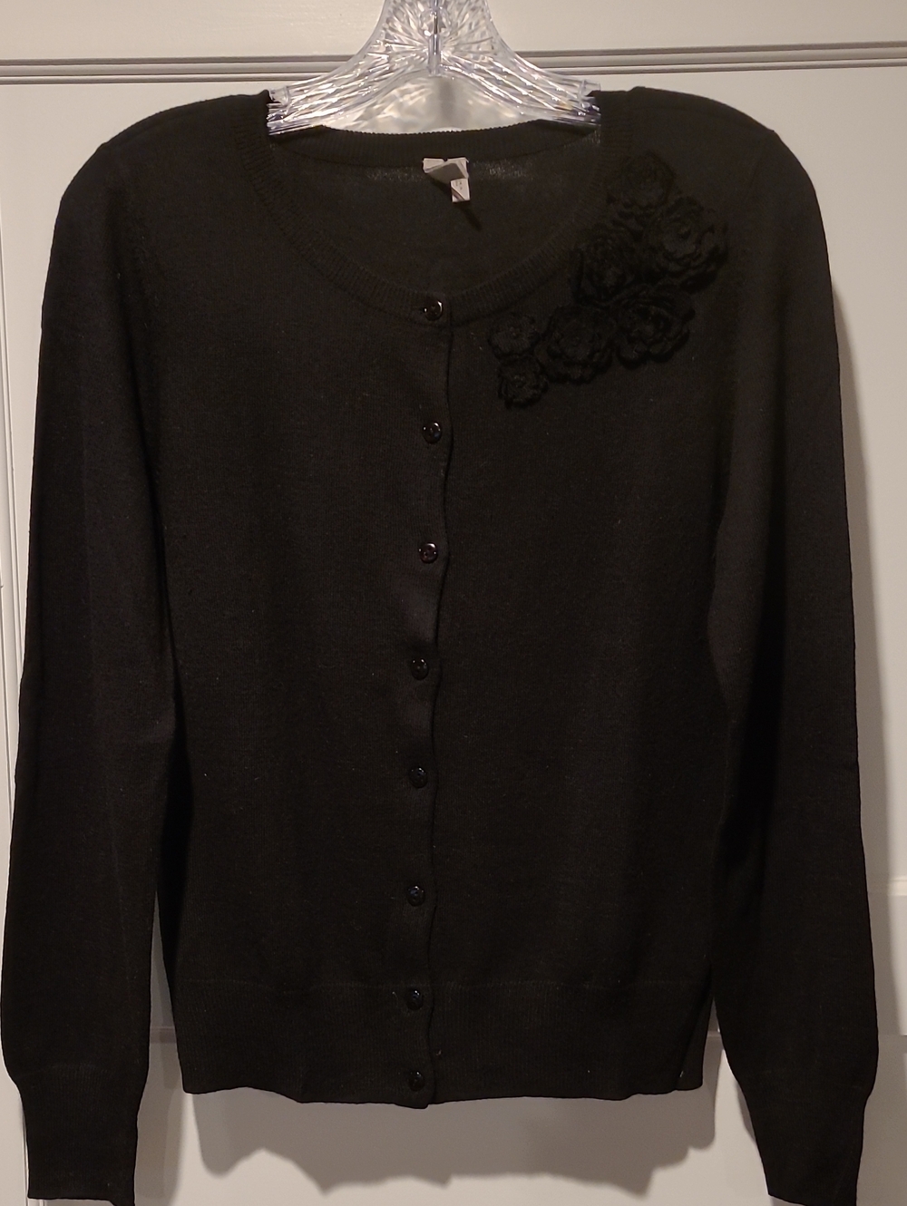 Caslon Black Floral Applique Crewneck Cardigan